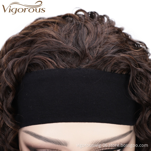 Vigorous Curly Synthetic Wigs for White Women Mixed Brown Colors African American Wigs Short 3/4 Half Wigs with Headband